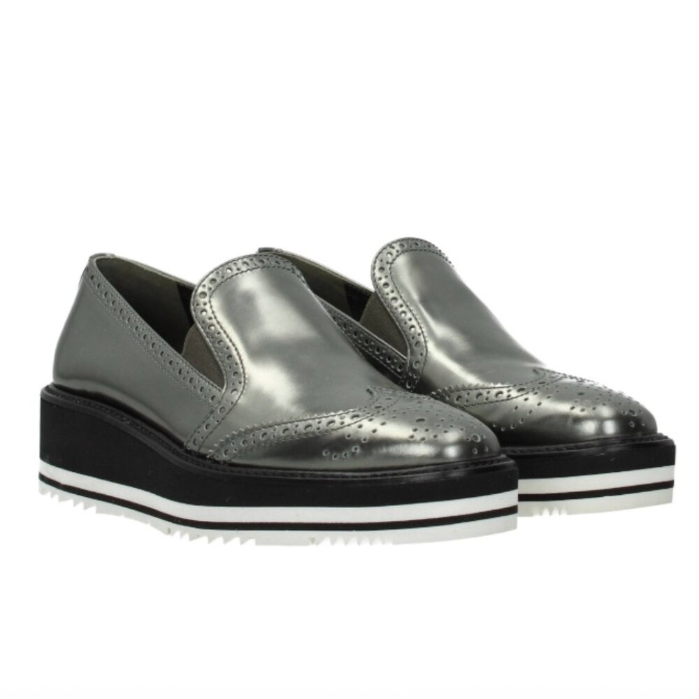 Prada Silver Metallic Slip On Platform Oxford Wingtip Loafers